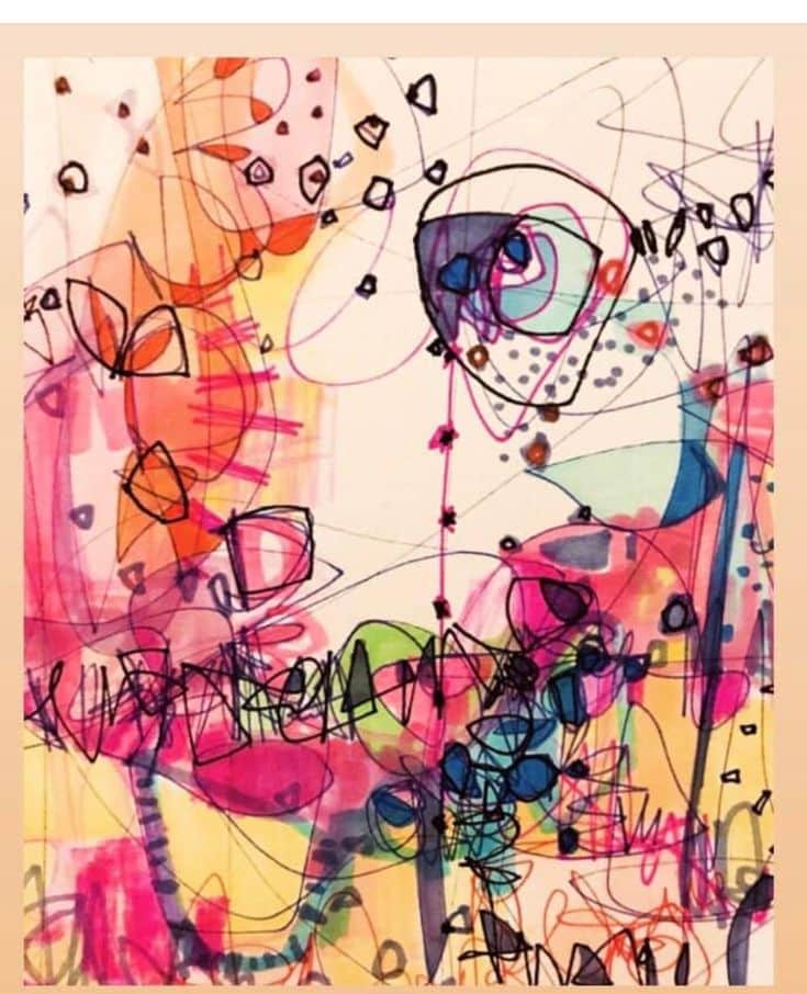 Abstract artwork with colorful, chaotic lines and shapes in pink, blue, and orange tones, creating an energetic composition.