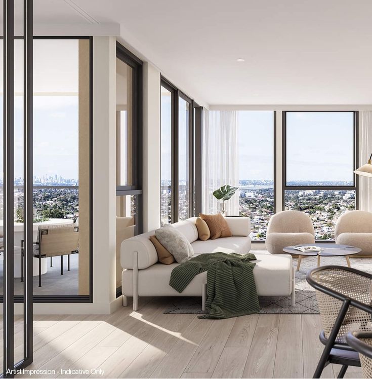 _ 3 Modern living room with city view, large windows, cozy sofa, and elegant decor. Bright and airy apartment interior. | Sky Rye Design Modern living room with city view, large windows, cozy sofa, and elegant decor. Bright and airy apartment interior.