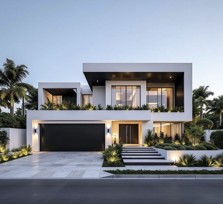 Modern luxury home with sleek design, large windows, and lush landscaping at dusk.