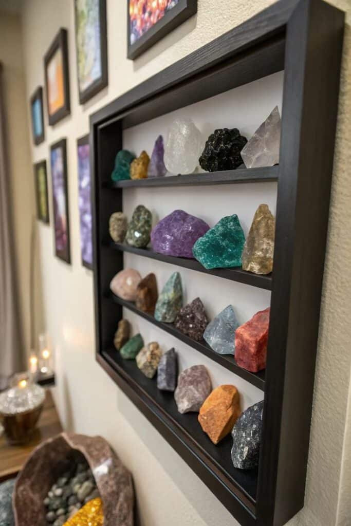 Colorful crystals displayed in a black wall-mounted shelf with framed art on beige walls in the background.