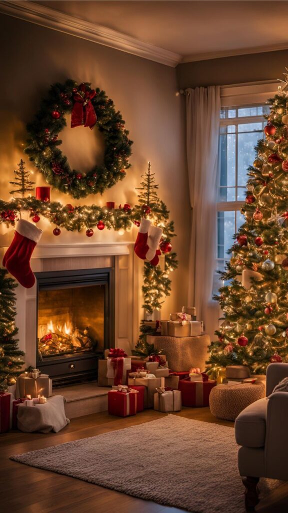 _ 3 Cozy Christmas living room with decorated tree, stockings by the fireplace, and gifts on a festive night. | Sky Rye Design Cozy Christmas living room with decorated tree, stockings by the fireplace, and gifts on a festive night.