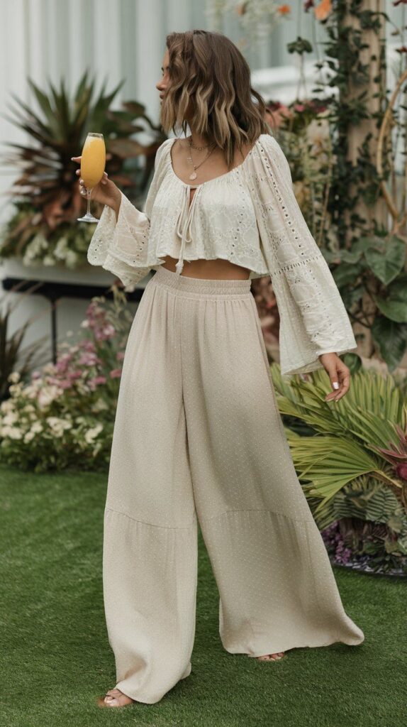 _ 3 Woman in white boho outfit holding a cocktail, surrounded by lush garden plants. | Sky Rye Design Woman in white boho outfit holding a cocktail, surrounded by lush garden plants.