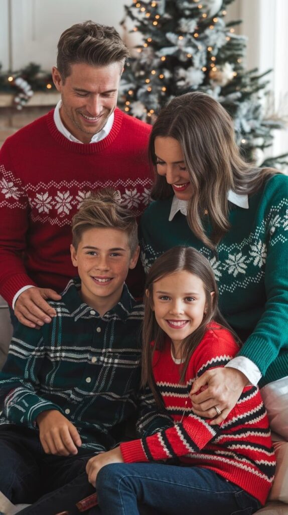 _ 3 Family in festive sweaters smiling by Christmas tree. Holiday spirit and happiness captured in cozy home setting. | Sky Rye Design Family in festive sweaters smiling by Christmas tree. Holiday spirit and happiness captured in cozy home setting.