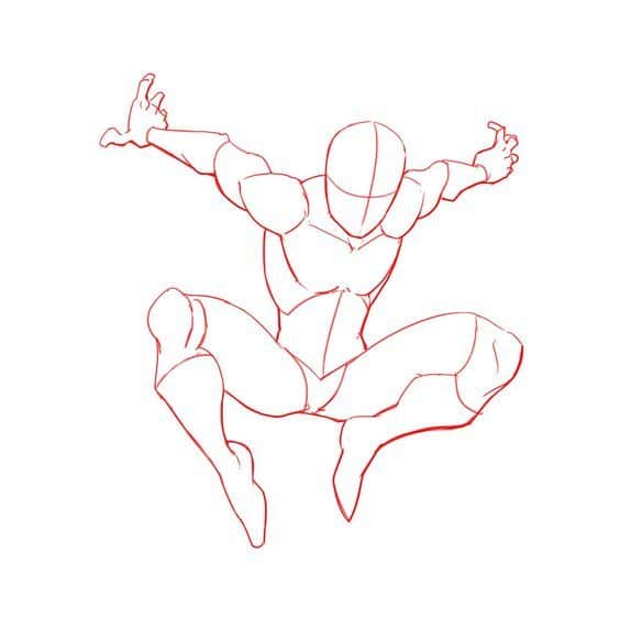 Dynamic superhero sketch leaping forward, showcasing muscular anatomy and action pose.