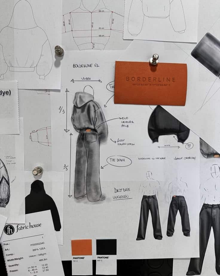 Fashion design sketches and fabric samples pinned on a board for hoodie and pants collection planning.