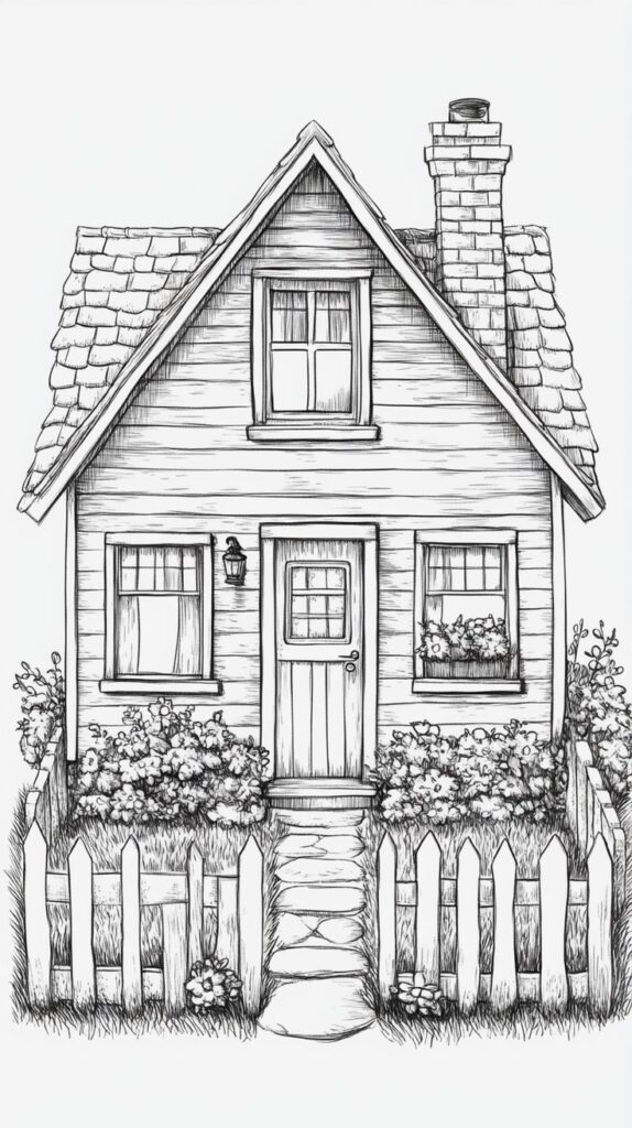 Illustration of a charming cottage with gabled roof, chimney, and garden surrounded by a picket fence.
