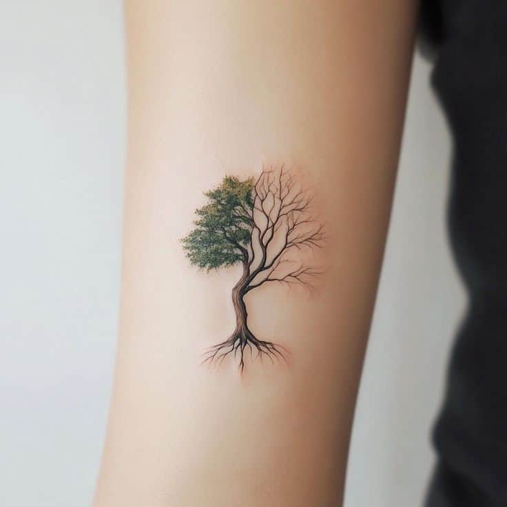 Tree tattoo on arm: half leafy and half bare branches, symbolizing life and change, minimalist design.