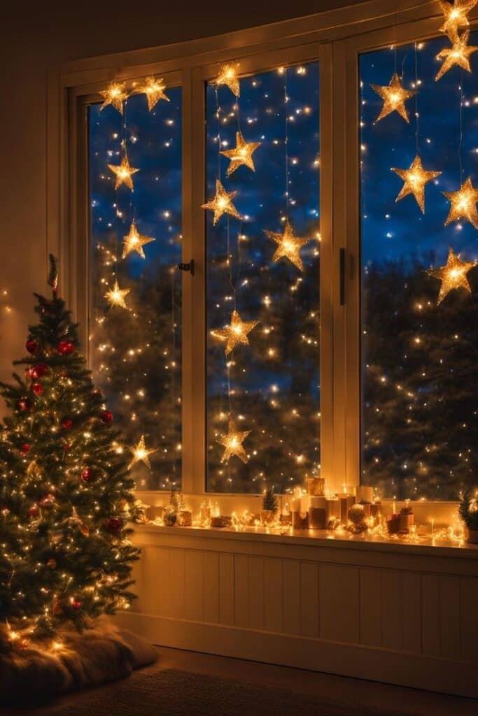 Cozy holiday scene with a Christmas tree and star-shaped lights by a window. Warm, festive decor with candles and ornaments.