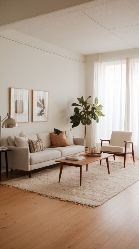 Modern living room with a beige sofa, wooden coffee table, and decorative plants, featuring minimalist decor.