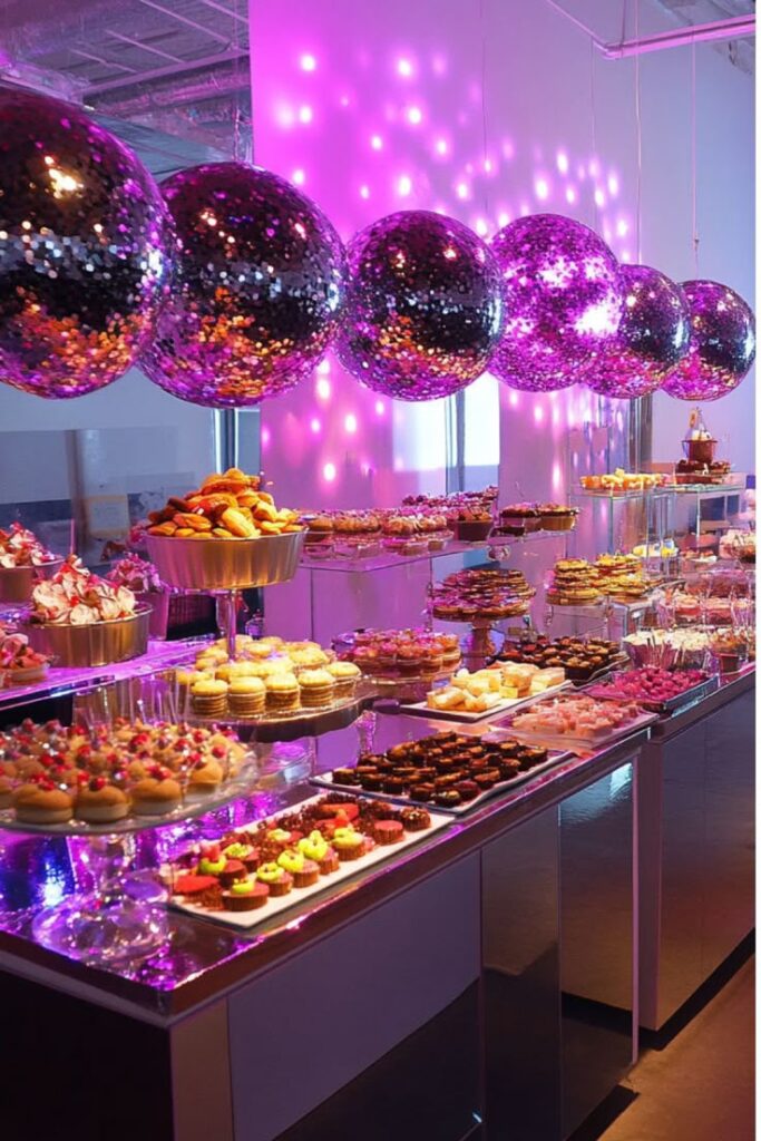 30+ Over The Top New Years Eve Party Ideas Luxurious dessert buffet with pastries and colorful lights reflecting off sequin decor at an elegant event. | Sky Rye Design Luxurious dessert buffet with pastries and colorful lights reflecting off sequin decor at an elegant event.