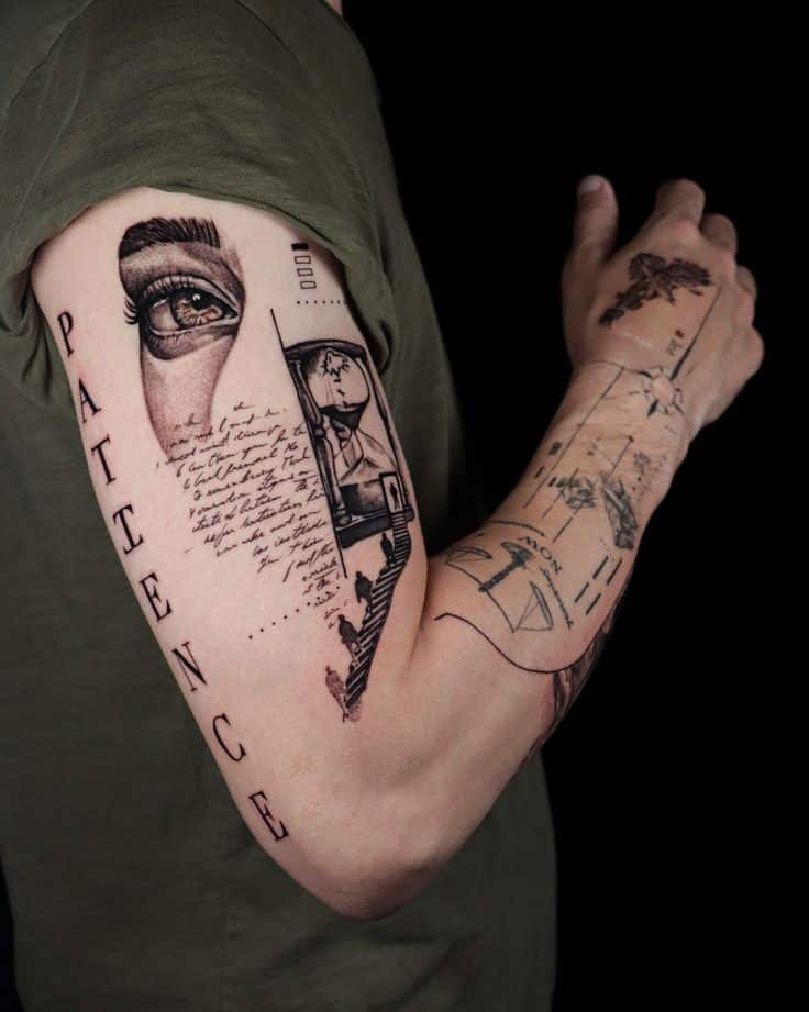 Arm tattoos featuring detailed eye, script, architectural elements, and compass designs on a person wearing a green shirt.