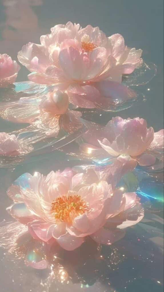 308431bc-e4a2-4675-bf7f-6a2b0b651455 Soft pink lotus flowers with shimmering petals floating serenely on water in gentle sunlight. | Sky Rye Design Soft pink lotus flowers with shimmering petals floating serenely on water in gentle sunlight.