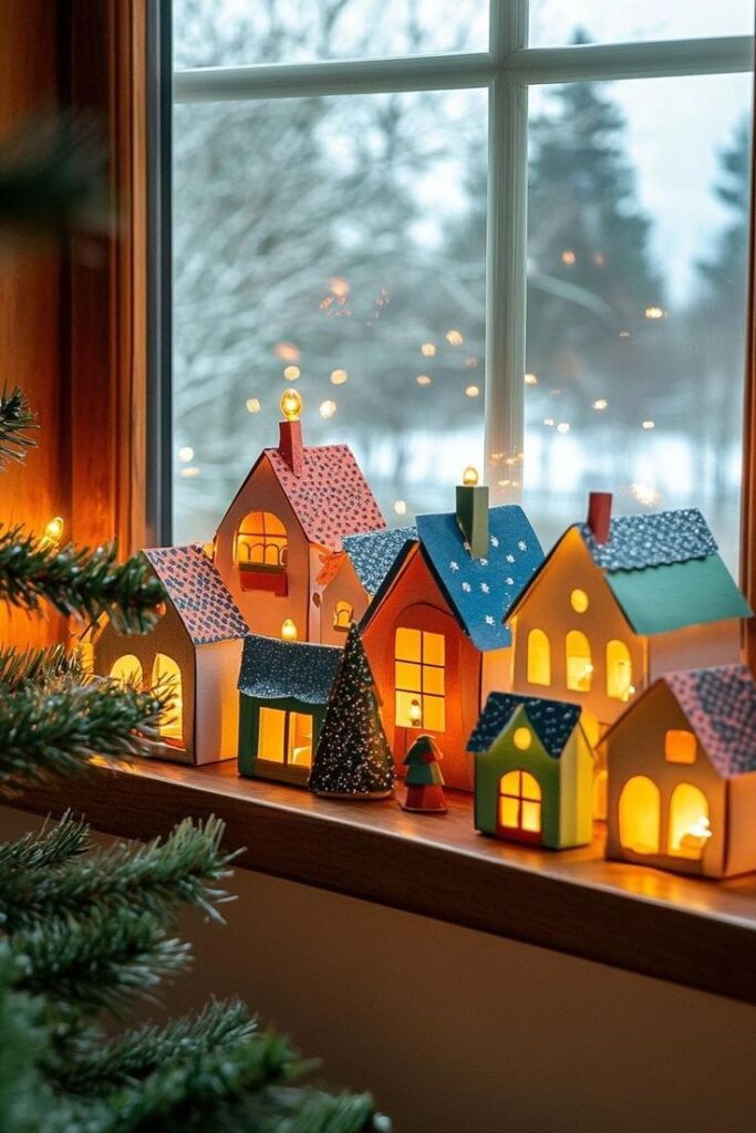 30adebc1a7f6c4883264b38e3f23a198 Colorful festive village houses with glowing lights on windowsill, winter snow outside. Cozy holiday decor. | Sky Rye Design Colorful festive village houses with glowing lights on windowsill, winter snow outside. Cozy holiday decor.