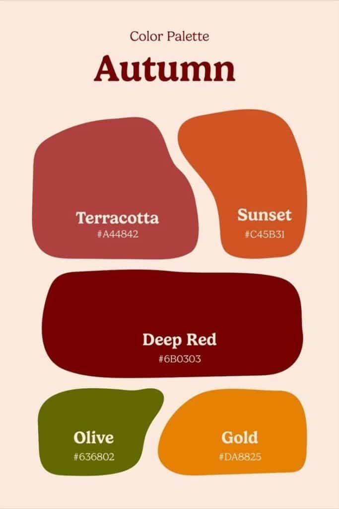 30f1014b-41c9-4166-9bb0-8f43932edeaf Autumn color palette featuring Terracotta, Sunset, Deep Red, Olive, and Gold hues with hex codes. | Sky Rye Design Autumn color palette featuring Terracotta, Sunset, Deep Red, Olive, and Gold hues with hex codes.