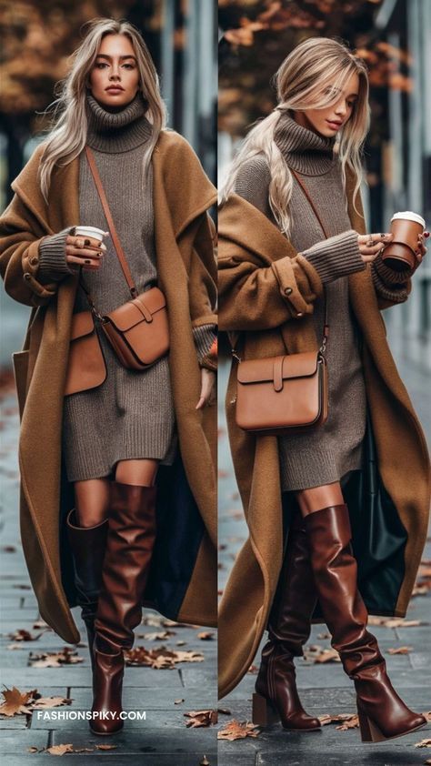 Stylish woman in a brown coat and boots holding coffee, showcasing autumn fashion on a city street.