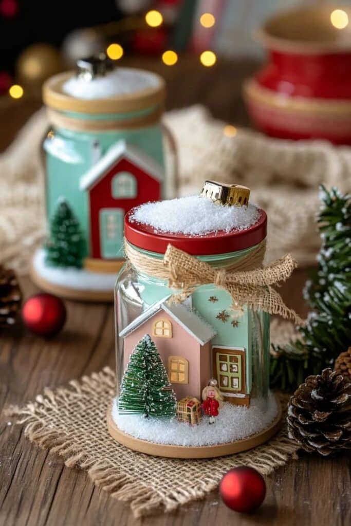 31 Creative Upcycled DIY Christmas Decorations for a Cozy Holiday Festive holiday jars with miniature houses, snow, and trees on a wooden table, surrounded by holiday decorations. | Sky Rye Design Festive holiday jars with miniature houses, snow, and trees on a wooden table, surrounded by holiday decorations.