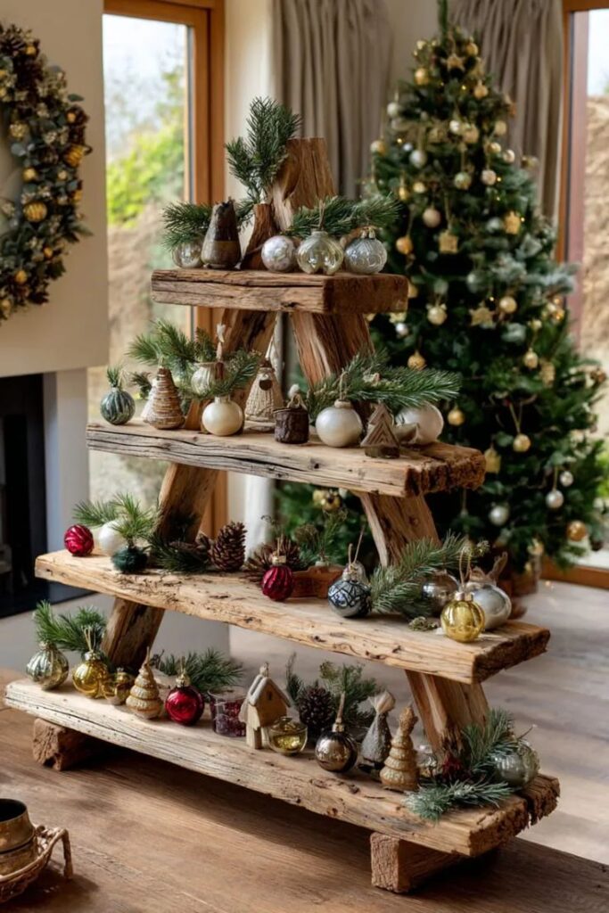 Rustic wooden Christmas tree shelf with ornaments, pine cones, and festive decor, in front of a decorated Christmas tree.