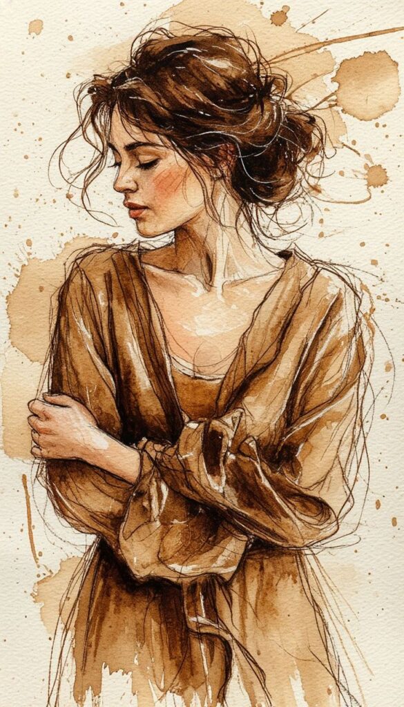 3120748b-2508-40b7-98af-3c341ea6ef7c Illustration of a woman in a brown dress looking to the side, with a watercolor effect and textured background. | Sky Rye Design Illustration of a woman in a brown dress looking to the side, with a watercolor effect and textured background.