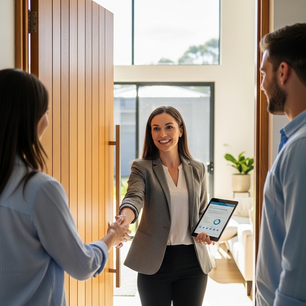 Real estate agent greeting clients at modern home entrance with tablet in hand.