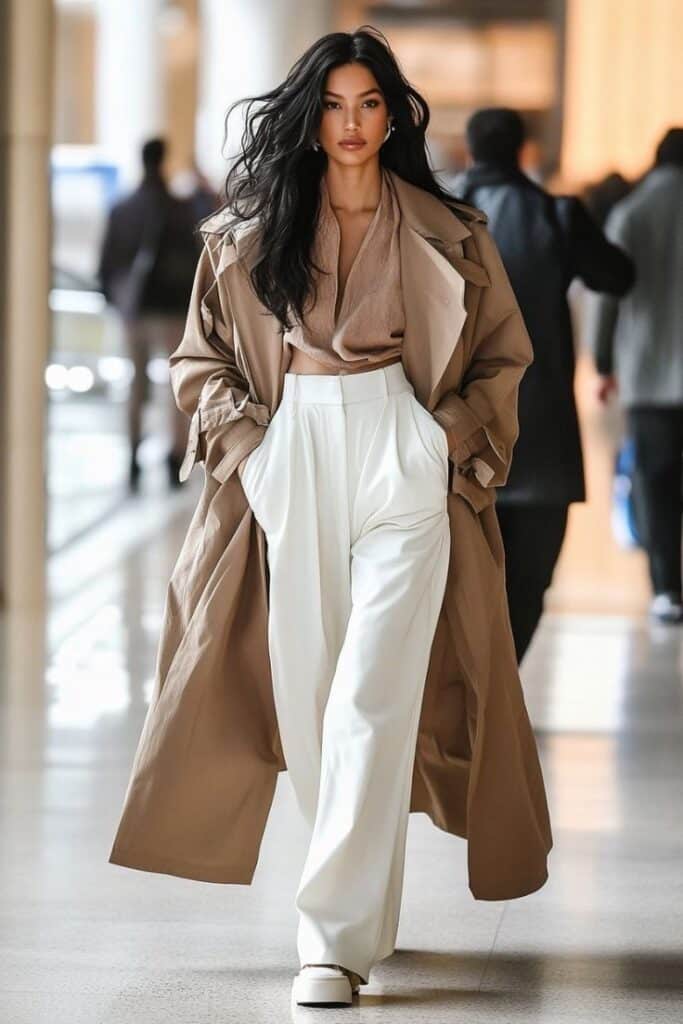 Stylish woman in trench coat and white pants walks confidently in a modern urban setting.