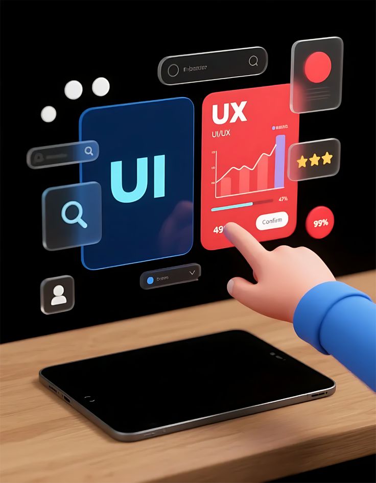 323f39e95805a73eab85e9c214ea7a9b 3D illustration of a hand interacting with UI/UX design elements on a digital screen above a tablet device. | Sky Rye Design 3D illustration of a hand interacting with UI/UX design elements on a digital screen above a tablet device.