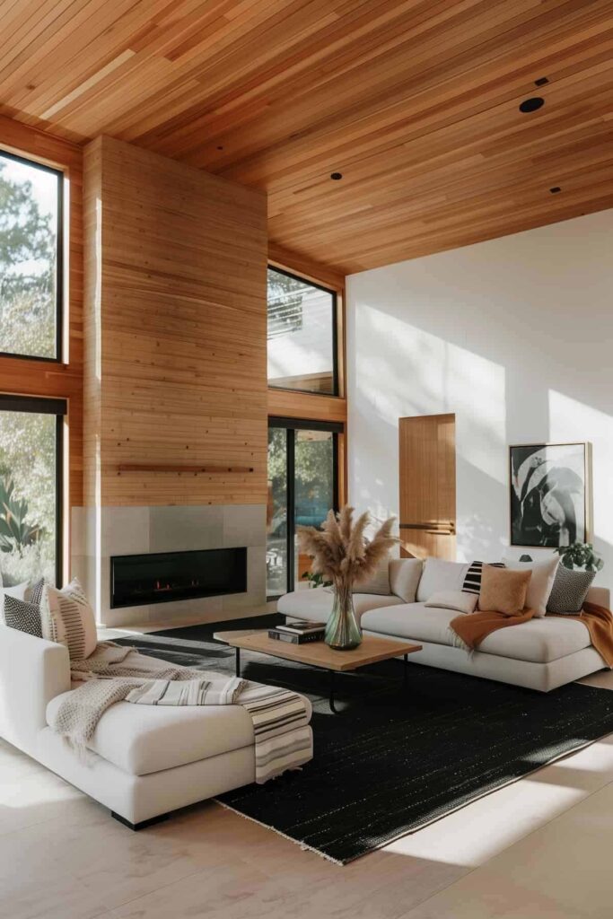 Modern living room with wooden ceiling, white sofas, fireplace, and large windows for natural light. Cozy interior design.