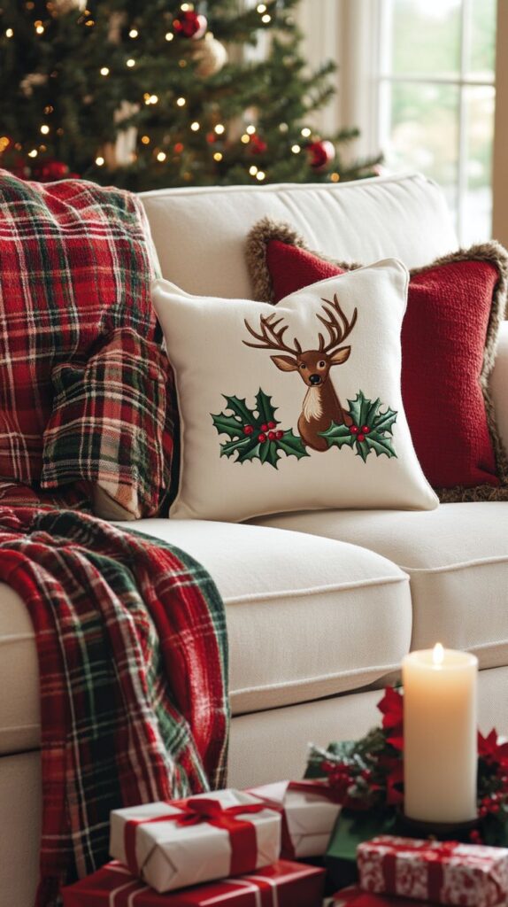 Cozy holiday decor: festive couch with reindeer pillow, plaid blanket, Christmas tree, candle, and gift boxes.