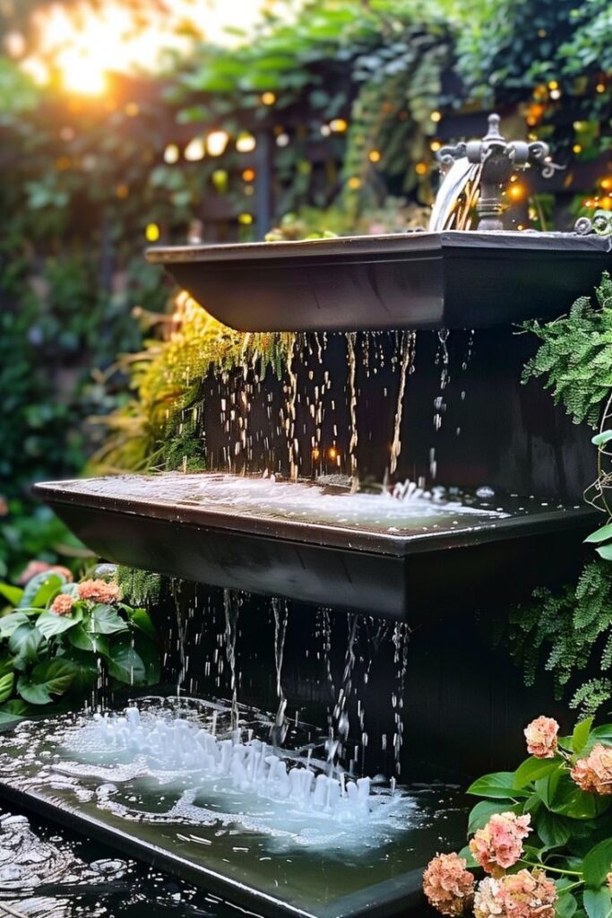 33 Ideas of Garden Fountains That Will Transform Your Outdoor Sanctuary Elegant garden fountain with cascading water and surrounding lush greenery at sunset. | Sky Rye Design Elegant garden fountain with cascading water and surrounding lush greenery at sunset.