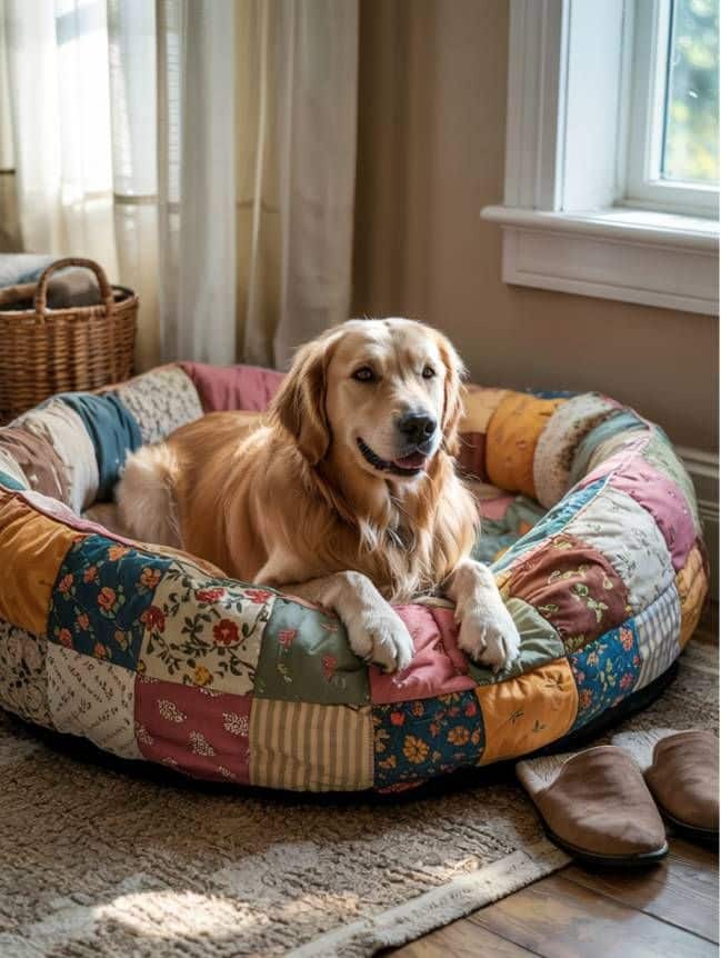 33 Must-Try DIY Dog Bed Ideas for Large Dogs Golden Retriever relaxing in a colorful patchwork dog bed by a sunny window. | Sky Rye Design Golden Retriever relaxing in a colorful patchwork dog bed by a sunny window.