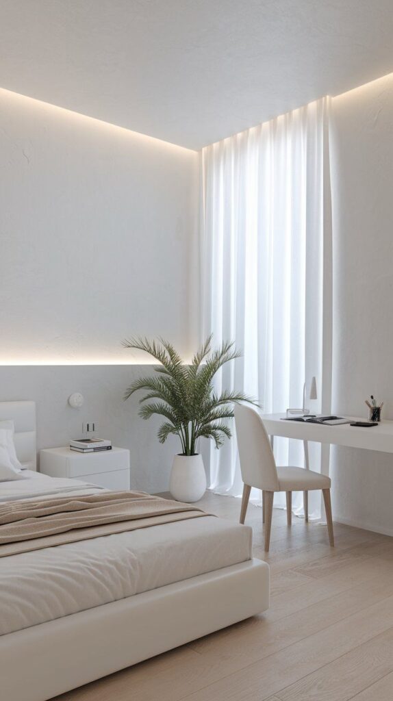 33 Stunning White Bedroom Ideas for a Serene Retreat Minimalist bedroom with white decor, natural light, potted plant, and elegant furniture. Perfect serene living space. | Sky Rye Design Minimalist bedroom with white decor, natural light, potted plant, and elegant furniture. Perfect serene living space.