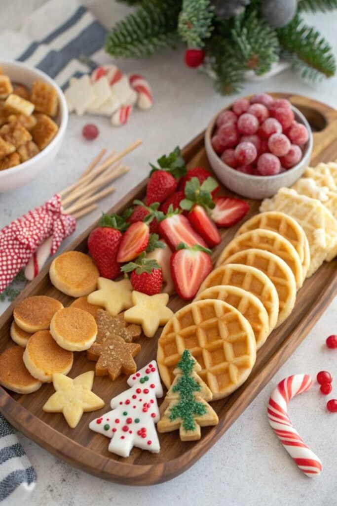 Festive holiday snack board with waffles, cookies, fruits, and candy cane, perfect for Christmas gatherings.