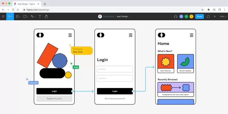 Figma app design prototype showing three connected mobile screens: login, home, and user interface elements.