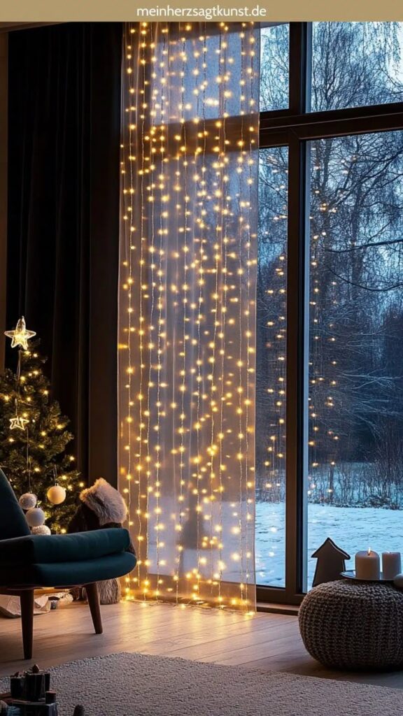 Cozy winter room with Christmas lights on window and decorated tree, set against a snowy outdoor backdrop.
