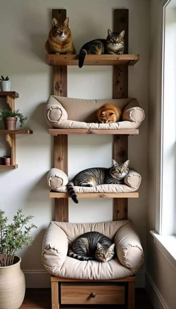 33b945f6-fe1e-4d09-8c96-fa50ac963f10 Cats lounging on wooden cat shelves by window, enjoying cozy cushions and natural light. | Sky Rye Design Cats lounging on wooden cat shelves by window, enjoying cozy cushions and natural light.