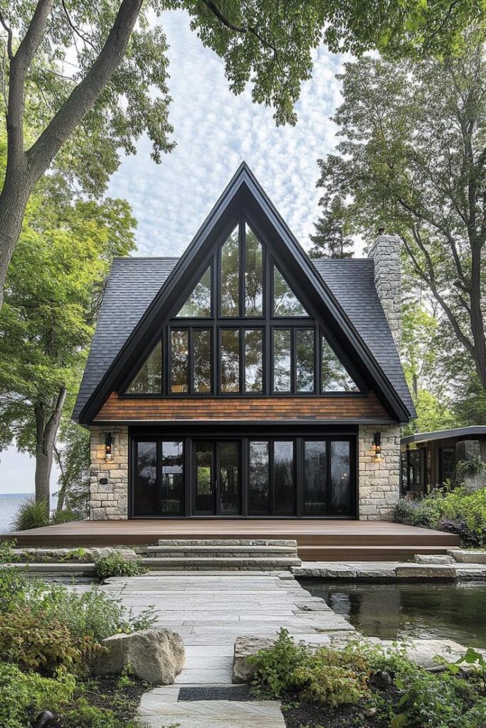 34 Stunning River Houses That Make the Riverfront Prettier A-frame cabin with large windows, surrounded by trees, stone path, and pond, offering a serene lakeside retreat. | Sky Rye Design A-frame cabin with large windows, surrounded by trees, stone path, and pond, offering a serene lakeside retreat.