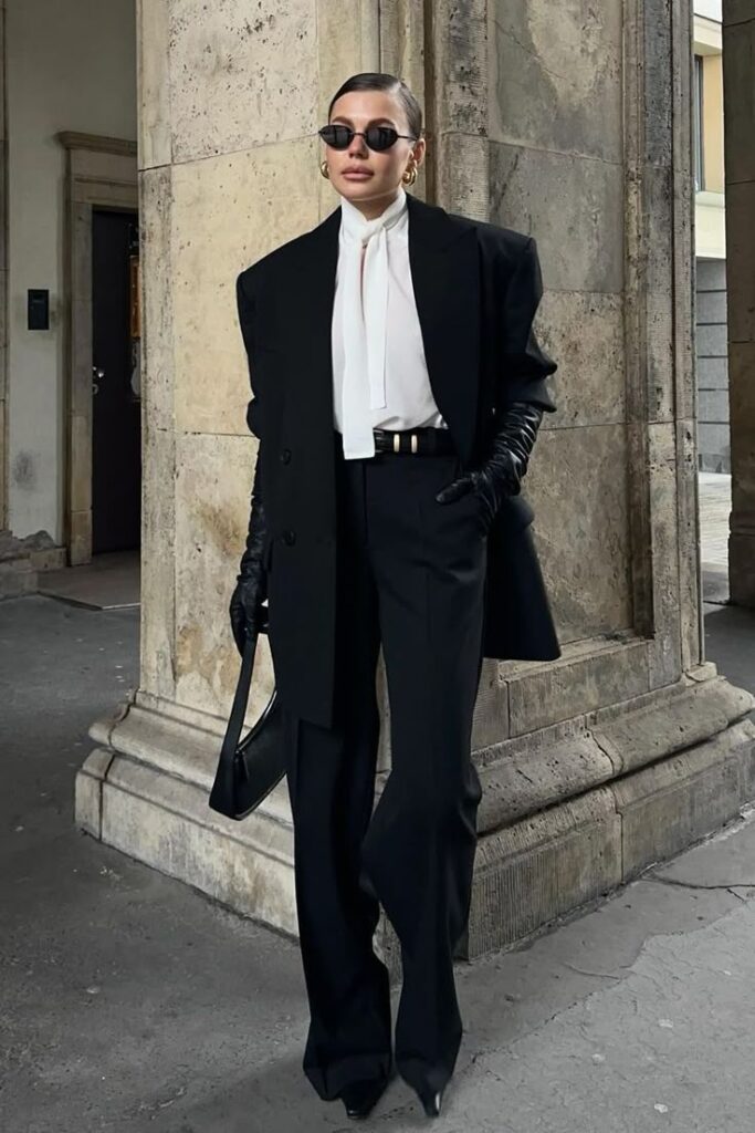 Fashionable woman in black suit with gloves and sunglasses, standing confidently near a stone pillar.
