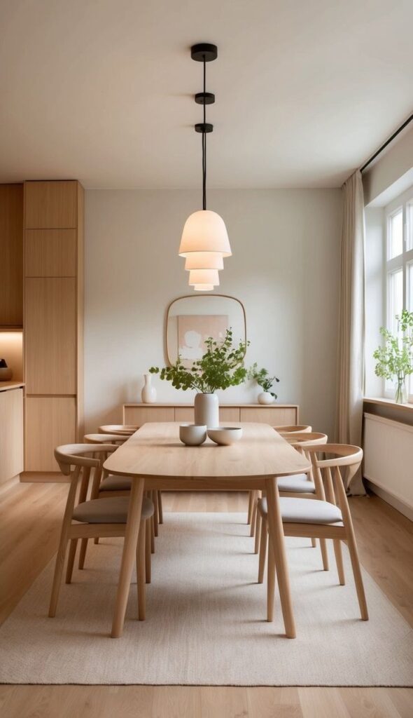 Modern dining room with wooden table, pendant lights, and minimalist decor. Natural light from large window.