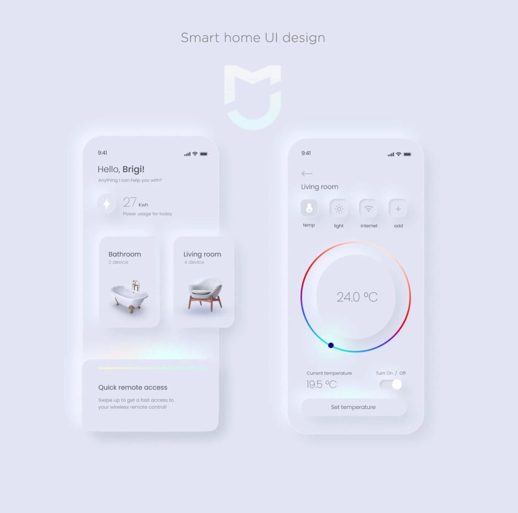 Smart home UI design app interface for temperature and device control with sleek, minimalistic layout.