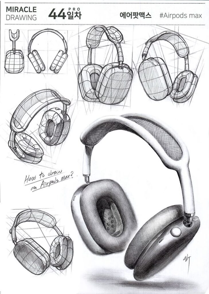 35b966c4051e0f7d059c6ab61026819f Sketch tutorial of headphones, showing steps to draw detailed AirPods Max design. | Sky Rye Design Sketch tutorial of headphones, showing steps to draw detailed AirPods Max design.