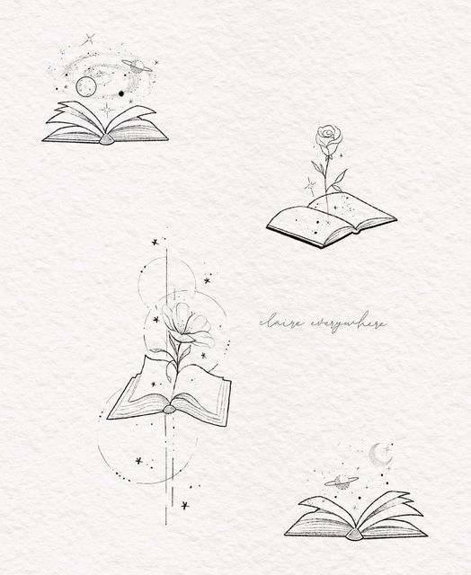 35c10a0bbbfa18ba88cdc5fd25d1e858 Illustrated open books with celestial and floral elements, inspiring creativity and imagination. Black and white design. | Sky Rye Design Illustrated open books with celestial and floral elements, inspiring creativity and imagination. Black and white design.