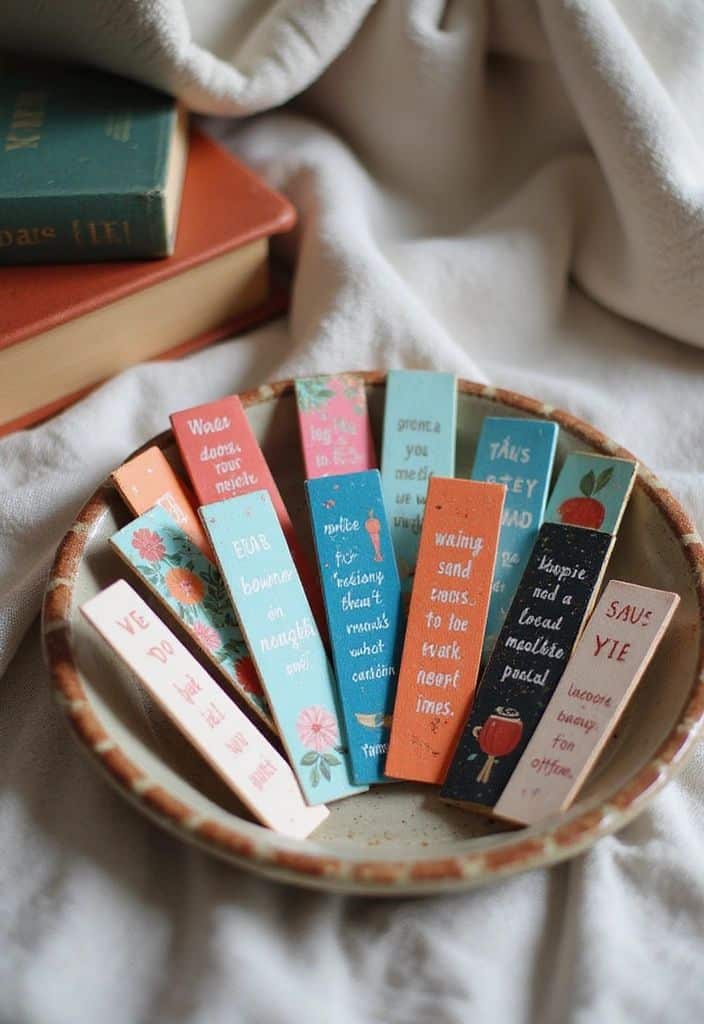 Colorful bookmarks in a ceramic bowl near books on a cozy fabric backdrop, ideal for book lovers and reading enthusiasts.