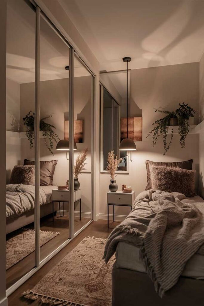 Cozy bedroom with soft lighting, mirrored closet doors, and warm-toned decor for a relaxing atmosphere.