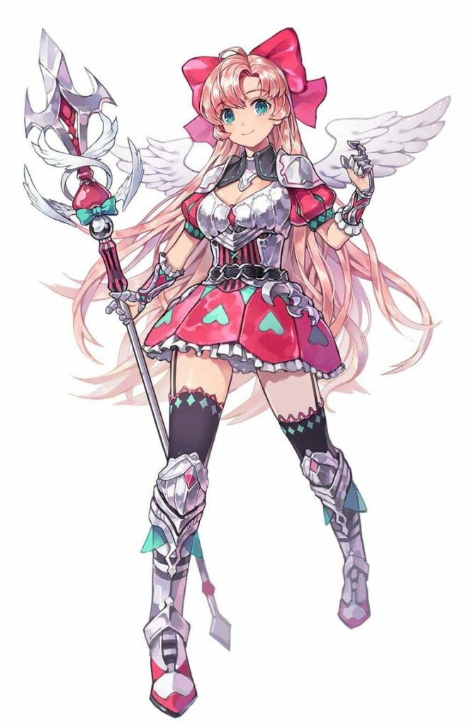 Anime girl with long pink hair, winged outfit, and staff, wearing heart-themed armor and red bow. Fantasy character.