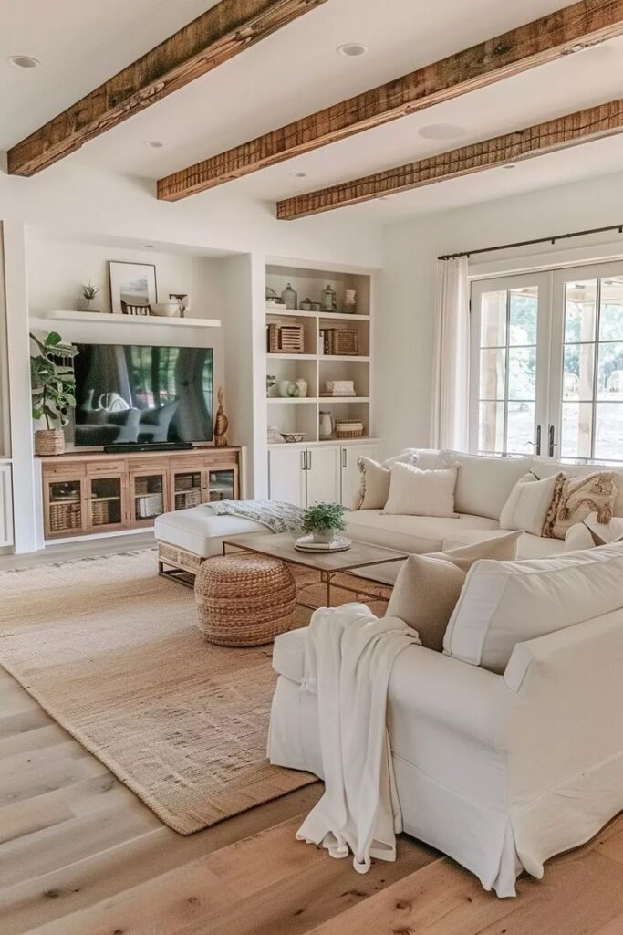 Cozy living room with white sofas, wooden beams, TV, bookshelves, and large windows for natural light.