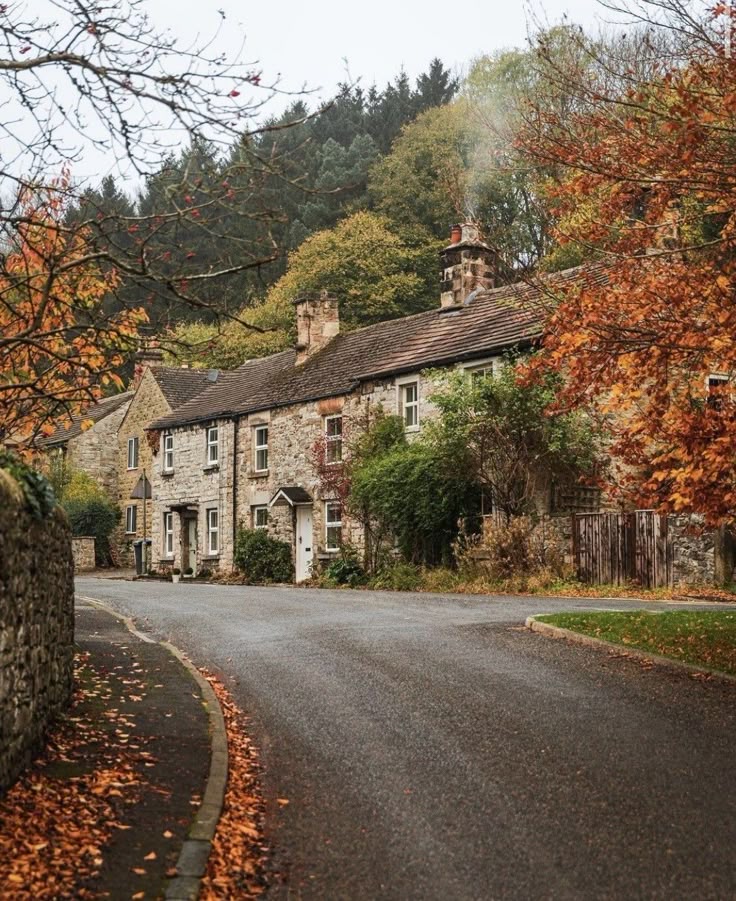 36cdd991-42c0-4621-bba4-177553fe6d83 Quaint stone cottages on a winding road in a picturesque autumn village setting with colorful trees. | Sky Rye Design Quaint stone cottages on a winding road in a picturesque autumn village setting with colorful trees.