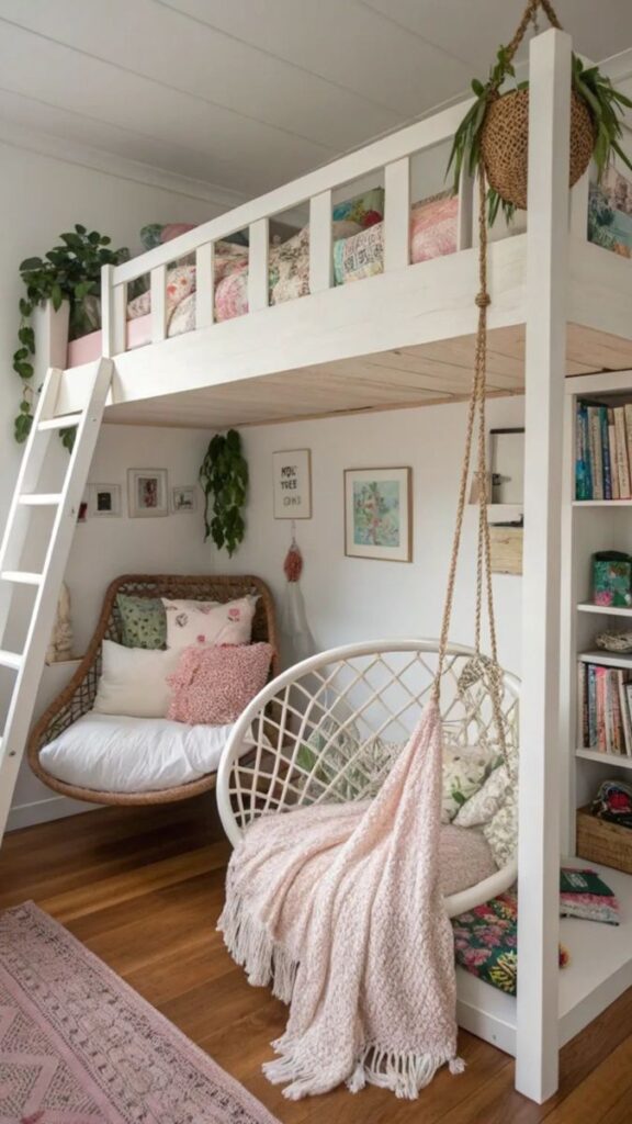36d4d11756a4f921ebf7002b3051f423 Cozy loft bed with a hanging chair, cozy blankets, decorative pillows, and plants in a stylish, bright room. | Sky Rye Design Cozy loft bed with a hanging chair, cozy blankets, decorative pillows, and plants in a stylish, bright room.