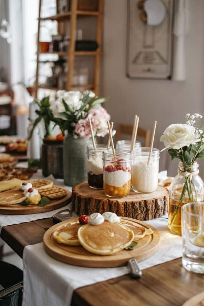Breakfast spread with pancakes, waffles, yogurt jars, and flowers on a rustic table setting.