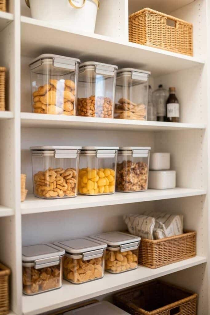 37 Genius Organization Hacks for Kids Spaces Organized pantry shelves with labeled containers storing snacks and dry foods for efficient kitchen storage. | Sky Rye Design Organized pantry shelves with labeled containers storing snacks and dry foods for efficient kitchen storage.