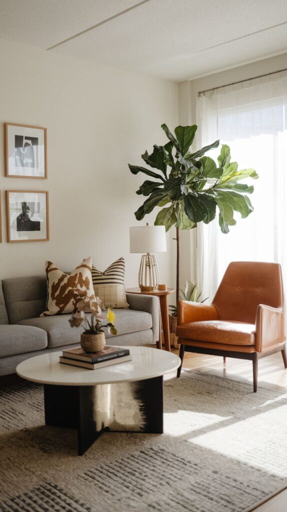 Modern living room with a gray sofa, leather chair, coffee table, and large potted plant near a sunlit window.