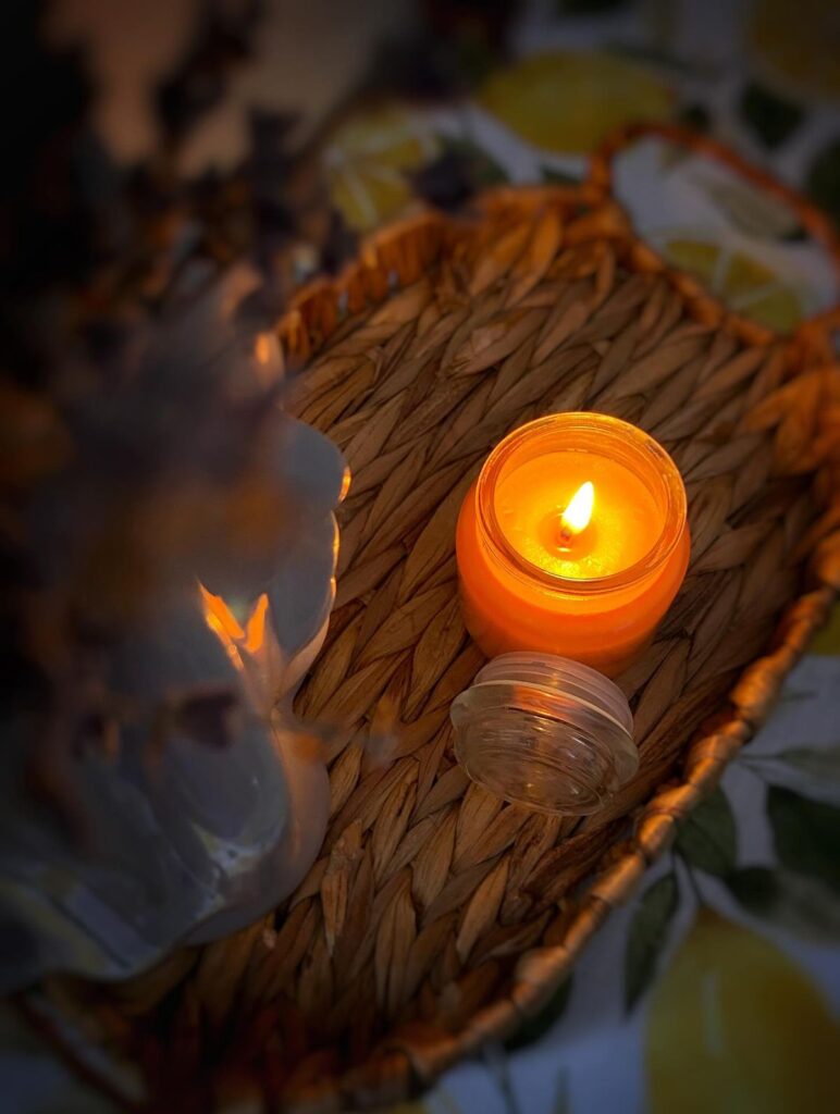 3713ddfef7c72c7dce30558b3bd2e158 Warm glowing candle in a woven basket creates cozy ambiance. Perfect for relaxation and meditation settings. | Sky Rye Design Warm glowing candle in a woven basket creates cozy ambiance. Perfect for relaxation and meditation settings.